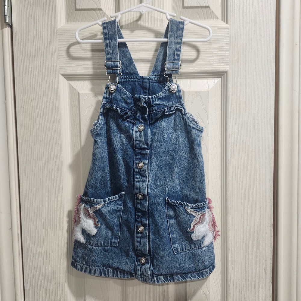 Girls Acid Wash Denim‎ Unicorn Pinafore Dress Blue Overall Jumper Ruffle Trim